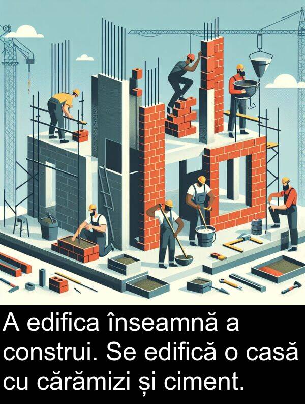 edifica: A edifica înseamnă a construi. Se edifică o casă cu cărămizi și ciment.