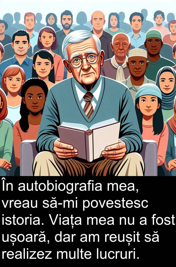 povestesc: În autobiografia mea, vreau să-mi povestesc istoria. Viața mea nu a fost ușoară, dar am reușit să realizez multe lucruri.