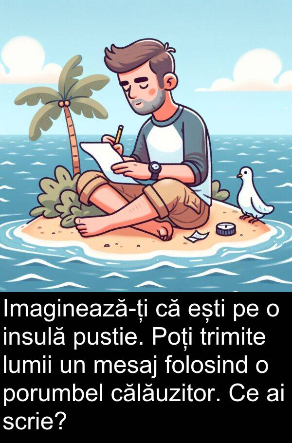 călăuzitor: Imaginează-ți că ești pe o insulă pustie. Poți trimite lumii un mesaj folosind o porumbel călăuzitor. Ce ai scrie?
