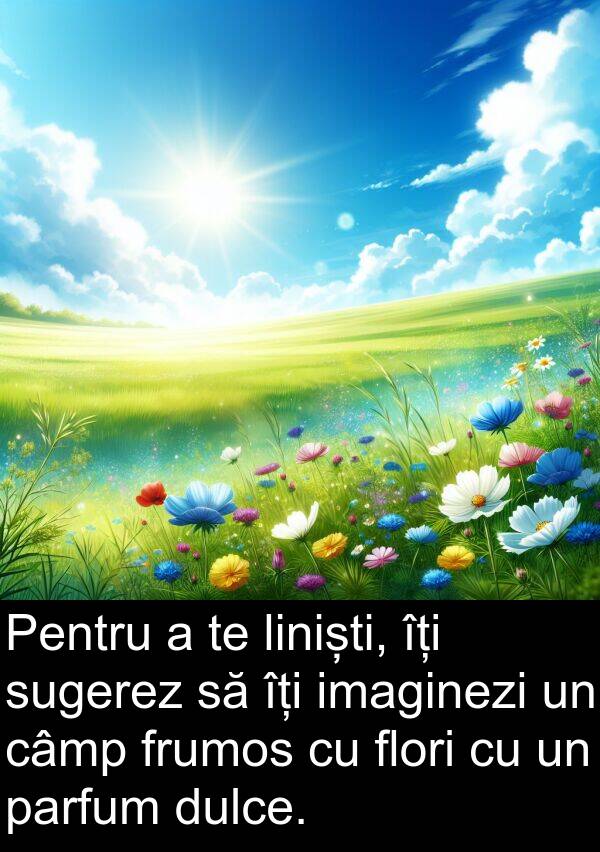 câmp: Pentru a te liniști, îți sugerez să îți imaginezi un câmp frumos cu flori cu un parfum dulce.