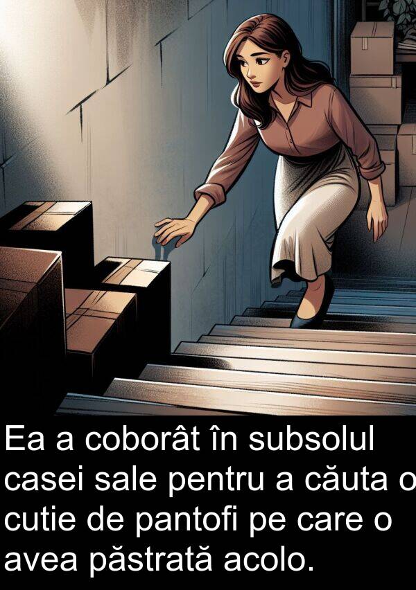pantofi: Ea a coborât în subsolul casei sale pentru a căuta o cutie de pantofi pe care o avea păstrată acolo.