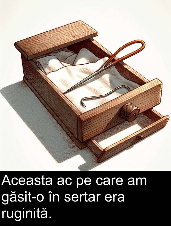 ruginită: Aceasta ac pe care am găsit-o în sertar era ruginită.