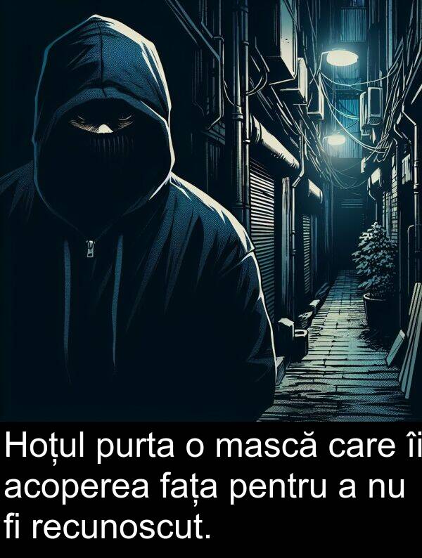 mască: Hoțul purta o mască care îi acoperea fața pentru a nu fi recunoscut.