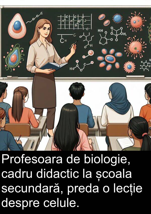 cadru: Profesoara de biologie, cadru didactic la școala secundară, preda o lecție despre celule.
