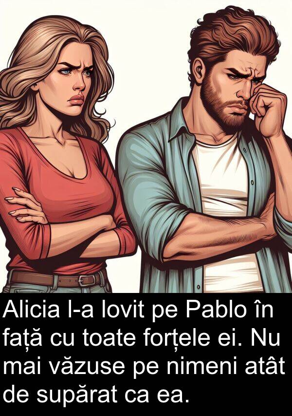 față: Alicia l-a lovit pe Pablo în față cu toate forțele ei. Nu mai văzuse pe nimeni atât de supărat ca ea.