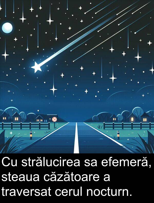 efemeră: Cu strălucirea sa efemeră, steaua căzătoare a traversat cerul nocturn.