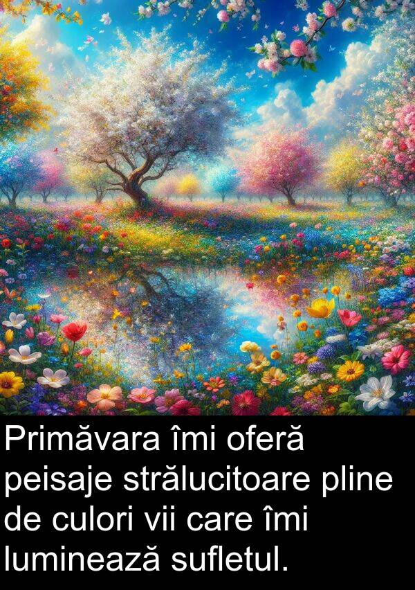 oferă: Primăvara îmi oferă peisaje strălucitoare pline de culori vii care îmi luminează sufletul.