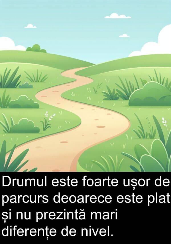 mari: Drumul este foarte ușor de parcurs deoarece este plat și nu prezintă mari diferențe de nivel.