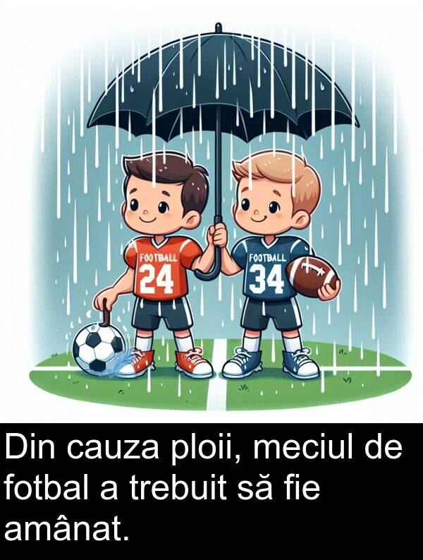 fie: Din cauza ploii, meciul de fotbal a trebuit să fie amânat.