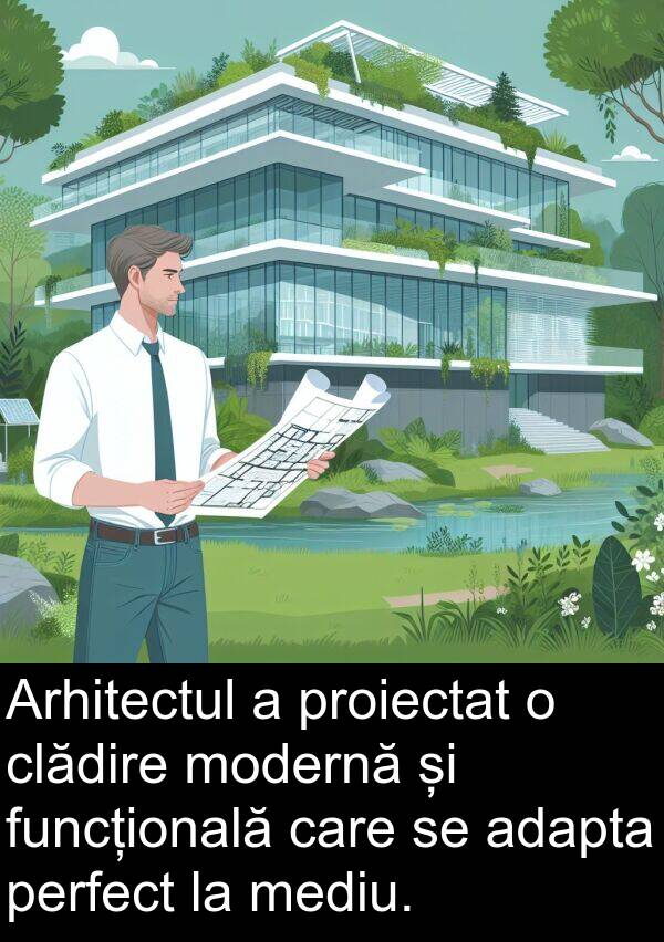 modernă: Arhitectul a proiectat o clădire modernă și funcțională care se adapta perfect la mediu.