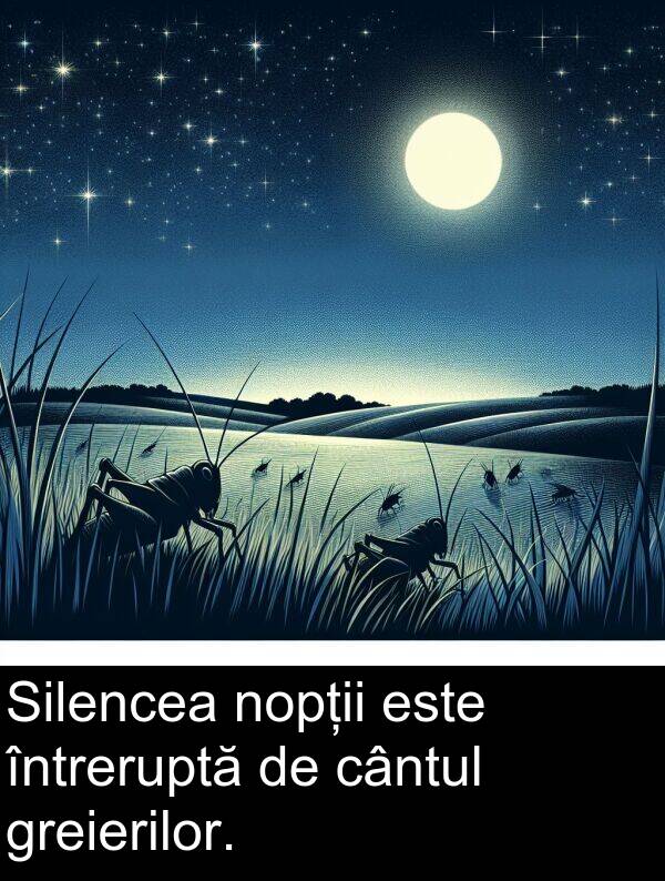 întreruptă: Silencea nopții este întreruptă de cântul greierilor.