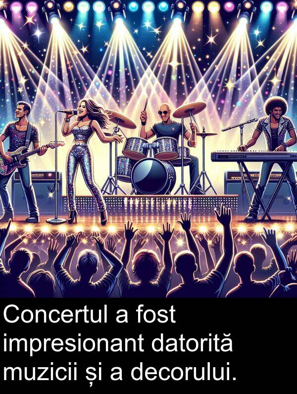 datorită: Concertul a fost impresionant datorită muzicii și a decorului.