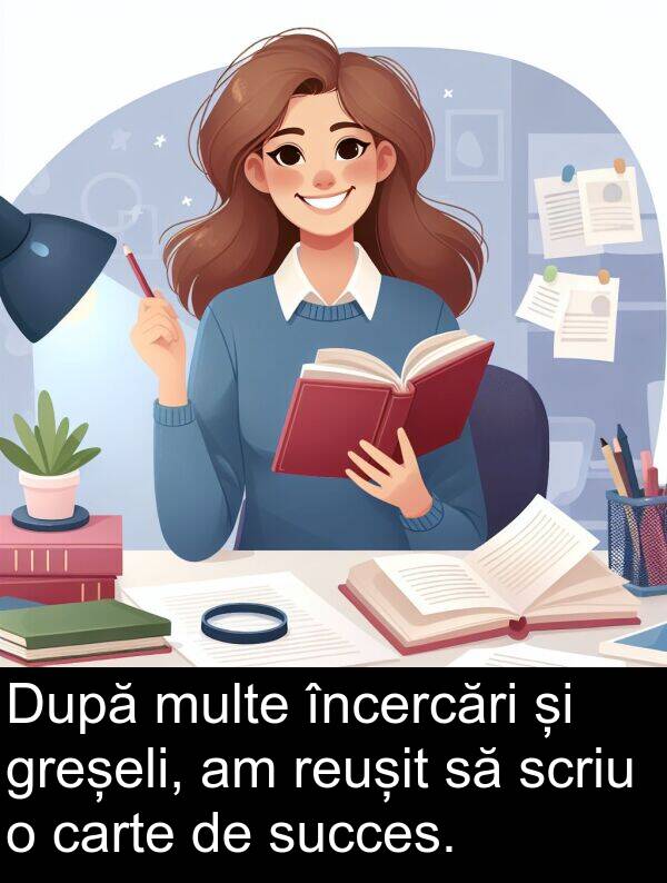 succes: După multe încercări și greșeli, am reușit să scriu o carte de succes.