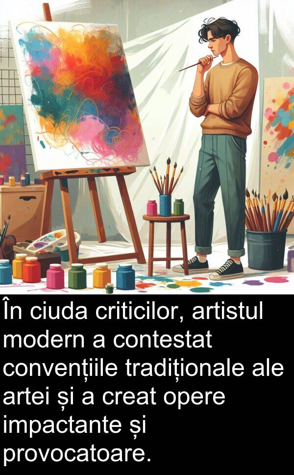 tradiționale: În ciuda criticilor, artistul modern a contestat convențiile tradiționale ale artei și a creat opere impactante și provocatoare.