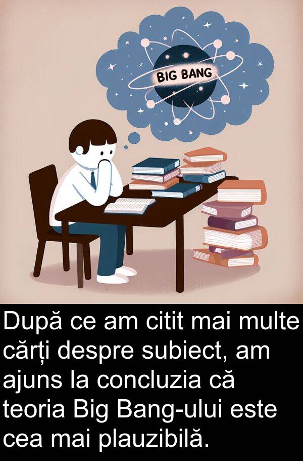 citit: După ce am citit mai multe cărți despre subiect, am ajuns la concluzia că teoria Big Bang-ului este cea mai plauzibilă.