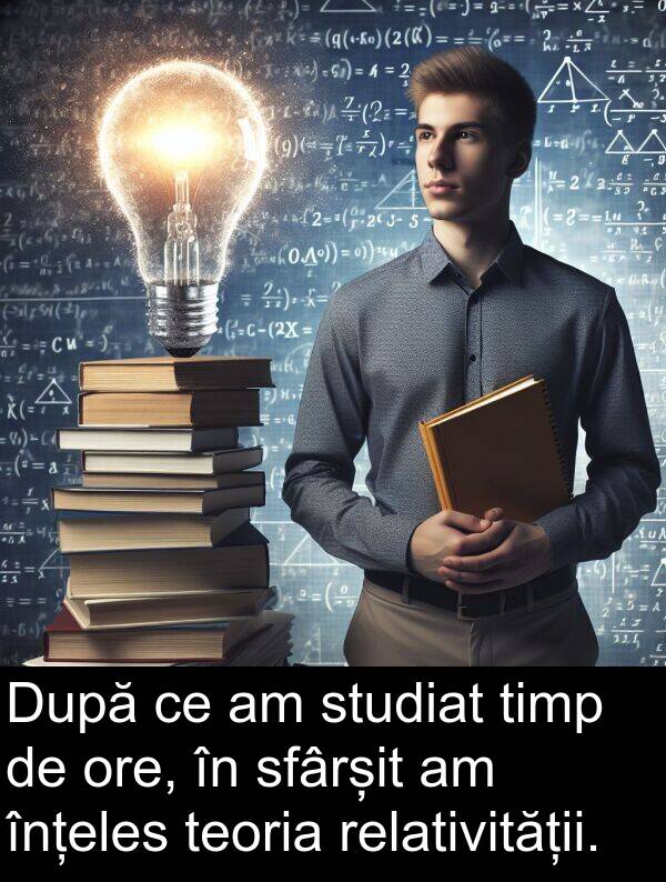 sfârșit: După ce am studiat timp de ore, în sfârșit am înțeles teoria relativității.