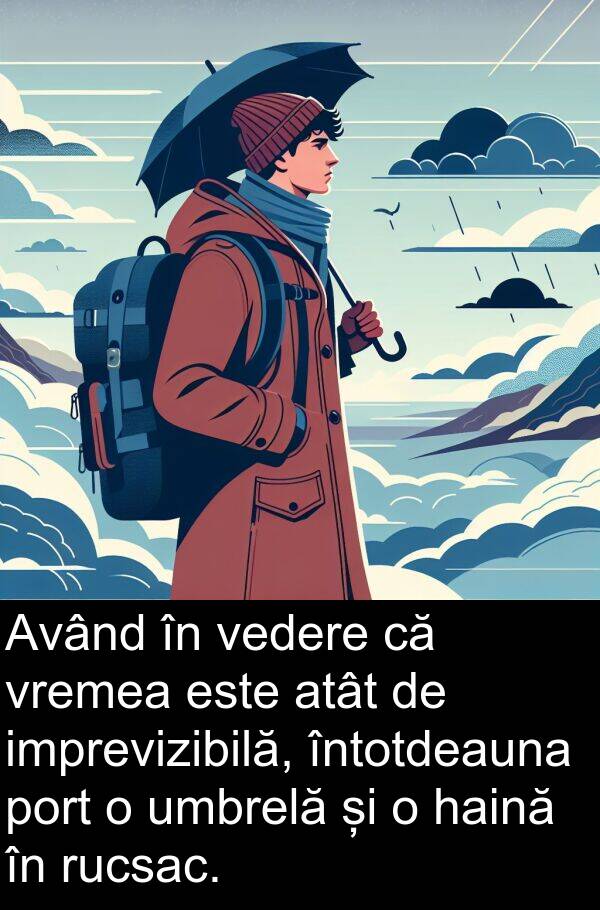umbrelă: Având în vedere că vremea este atât de imprevizibilă, întotdeauna port o umbrelă și o haină în rucsac.