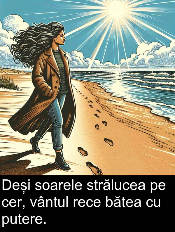 vântul: Deși soarele strălucea pe cer, vântul rece bătea cu putere.