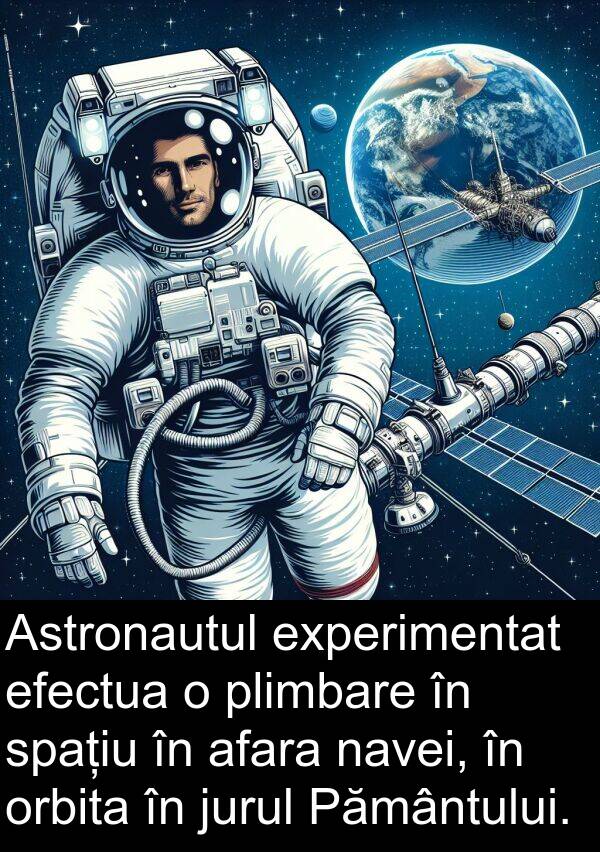 efectua: Astronautul experimentat efectua o plimbare în spațiu în afara navei, în orbita în jurul Pământului.