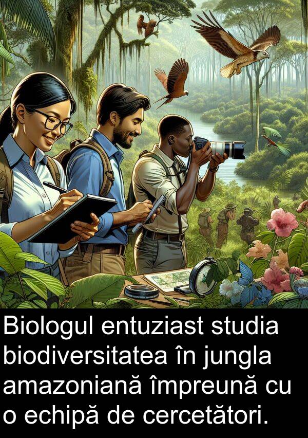 echipă: Biologul entuziast studia biodiversitatea în jungla amazoniană împreună cu o echipă de cercetători.