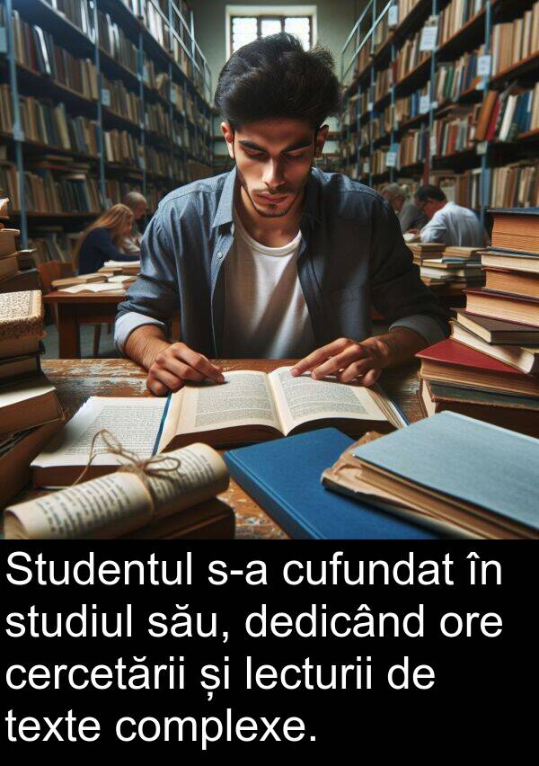 lecturii: Studentul s-a cufundat în studiul său, dedicând ore cercetării și lecturii de texte complexe.
