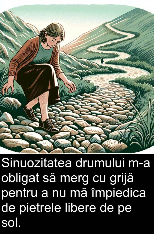 obligat: Sinuozitatea drumului m-a obligat să merg cu grijă pentru a nu mă împiedica de pietrele libere de pe sol.