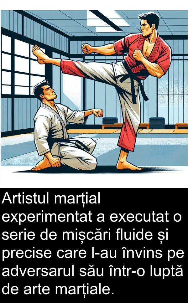 experimentat: Artistul marțial experimentat a executat o serie de mișcări fluide și precise care l-au învins pe adversarul său într-o luptă de arte marțiale.