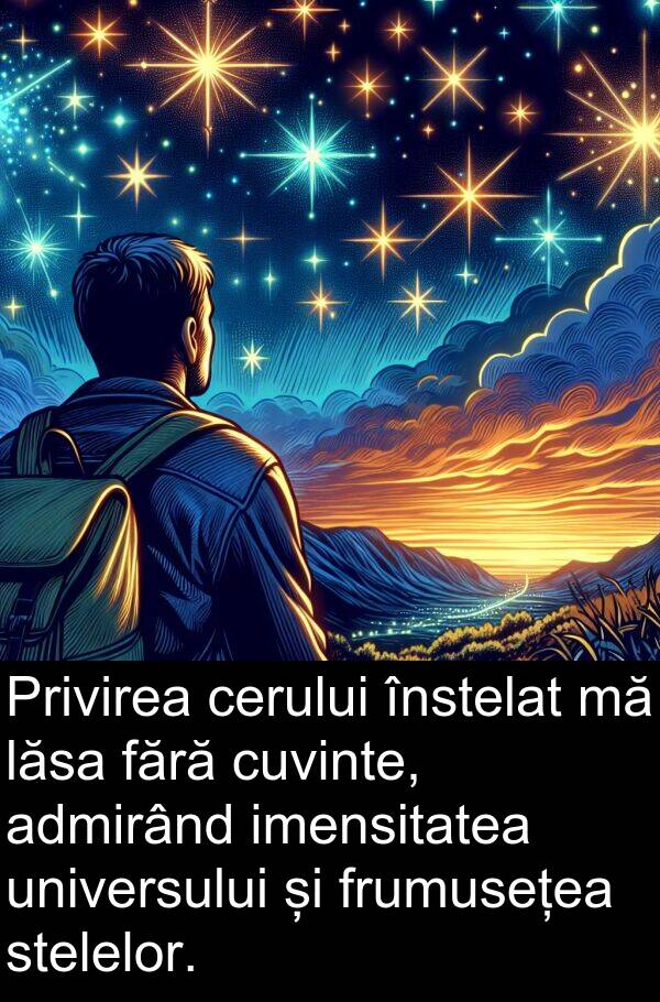 lăsa: Privirea cerului înstelat mă lăsa fără cuvinte, admirând imensitatea universului și frumusețea stelelor.