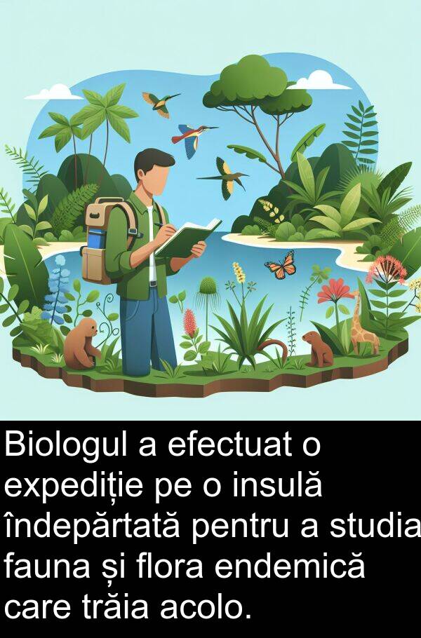 fauna: Biologul a efectuat o expediție pe o insulă îndepărtată pentru a studia fauna și flora endemică care trăia acolo.
