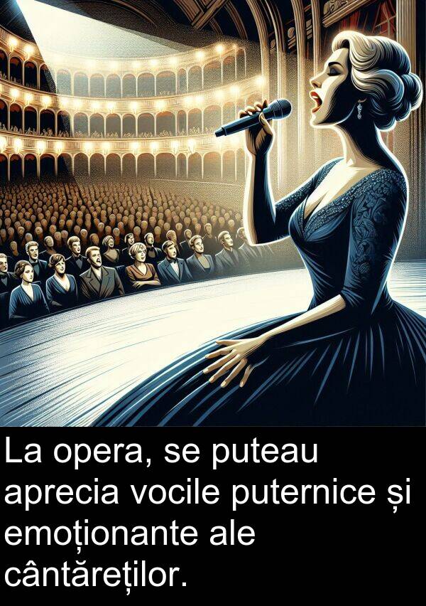 emoționante: La opera, se puteau aprecia vocile puternice și emoționante ale cântăreților.