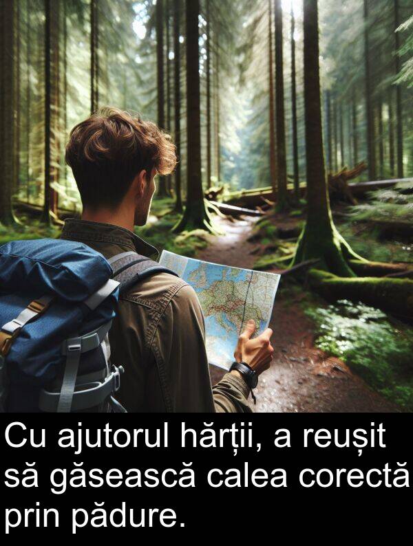 găsească: Cu ajutorul hărții, a reușit să găsească calea corectă prin pădure.