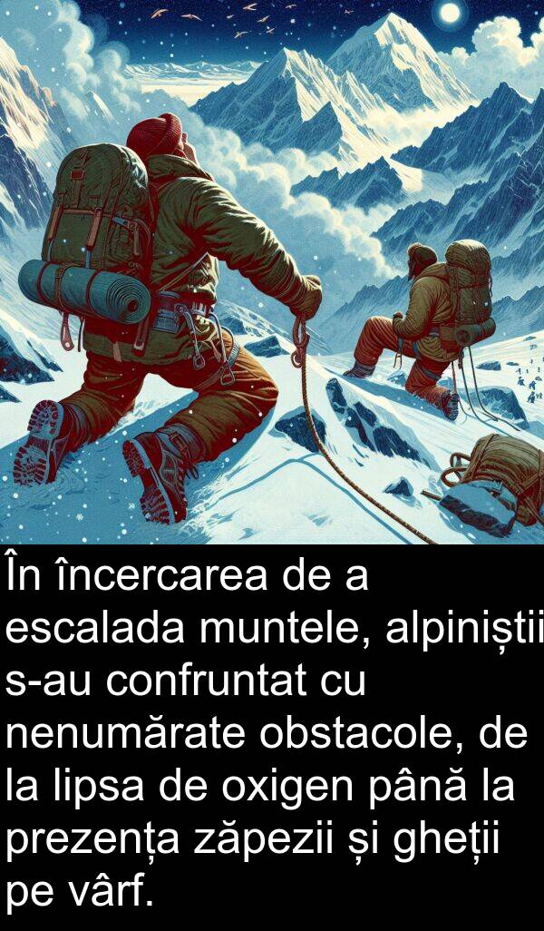 zăpezii: În încercarea de a escalada muntele, alpiniștii s-au confruntat cu nenumărate obstacole, de la lipsa de oxigen până la prezența zăpezii și gheții pe vârf.