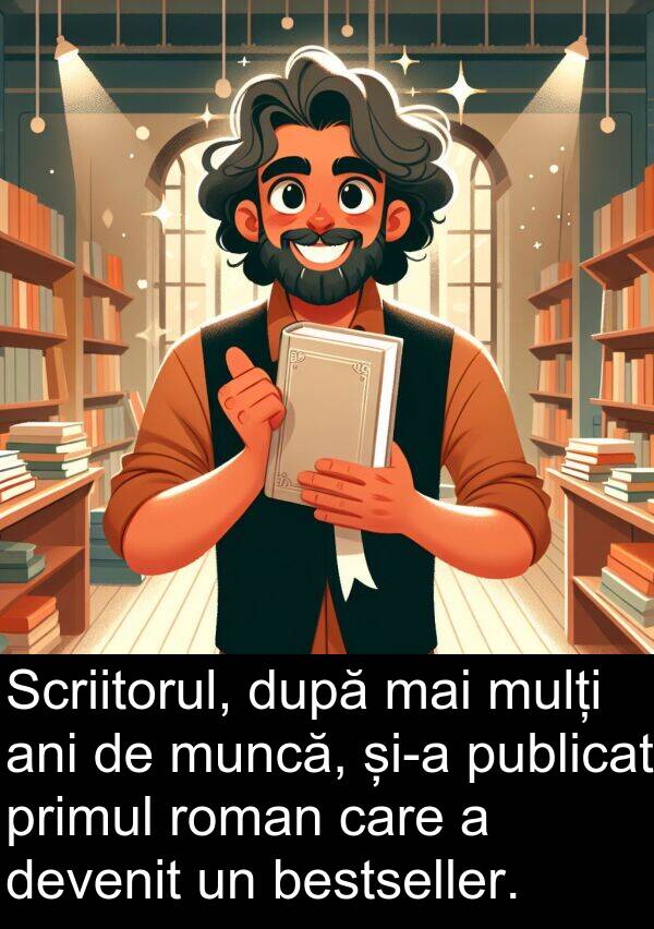 roman: Scriitorul, după mai mulți ani de muncă, și-a publicat primul roman care a devenit un bestseller.