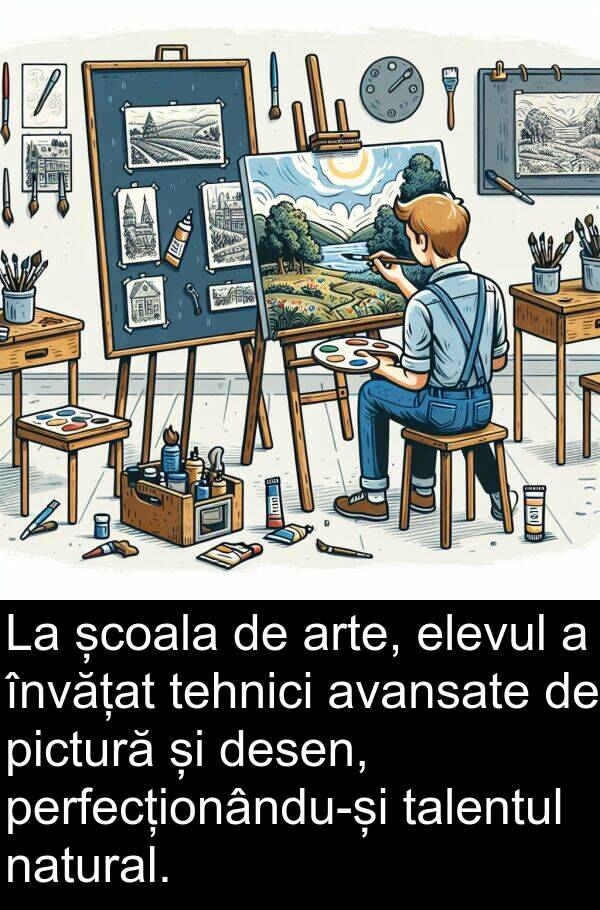 tehnici: La școala de arte, elevul a învățat tehnici avansate de pictură și desen, perfecționându-și talentul natural.