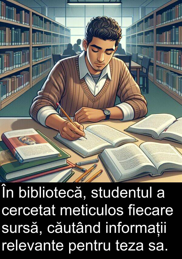căutând: În bibliotecă, studentul a cercetat meticulos fiecare sursă, căutând informații relevante pentru teza sa.