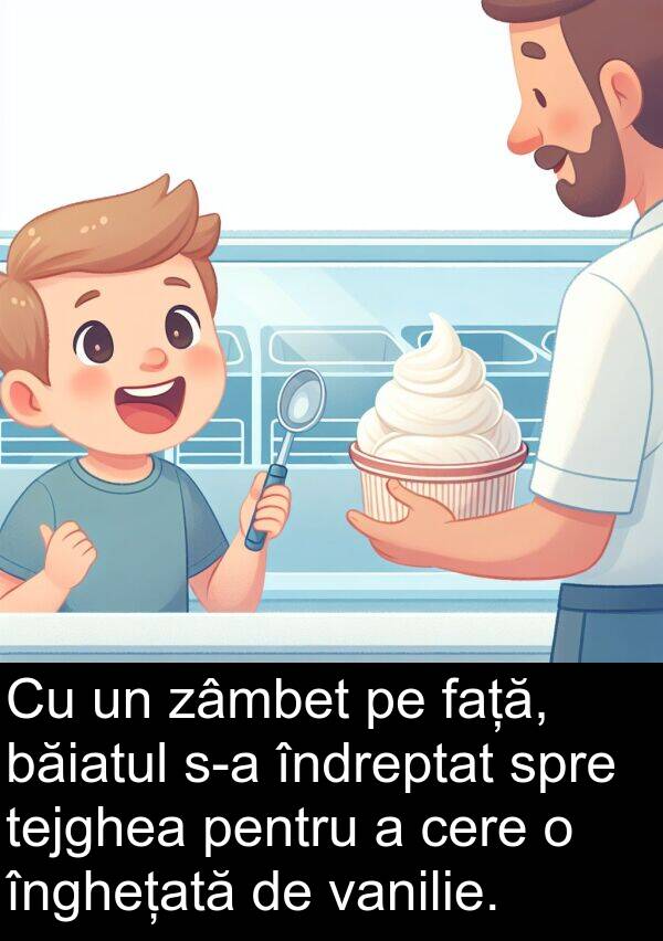 vanilie: Cu un zâmbet pe față, băiatul s-a îndreptat spre tejghea pentru a cere o înghețată de vanilie.