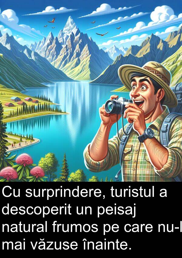 înainte: Cu surprindere, turistul a descoperit un peisaj natural frumos pe care nu-l mai văzuse înainte.