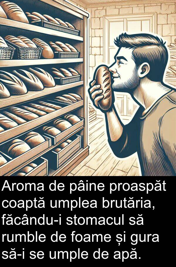 umple: Aroma de pâine proaspăt coaptă umplea brutăria, făcându-i stomacul să rumble de foame și gura să-i se umple de apă.