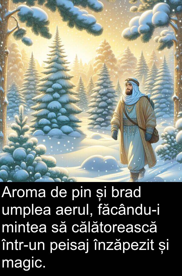 magic: Aroma de pin și brad umplea aerul, făcându-i mintea să călătorească într-un peisaj înzăpezit și magic.
