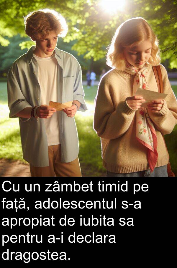 față: Cu un zâmbet timid pe față, adolescentul s-a apropiat de iubita sa pentru a-i declara dragostea.