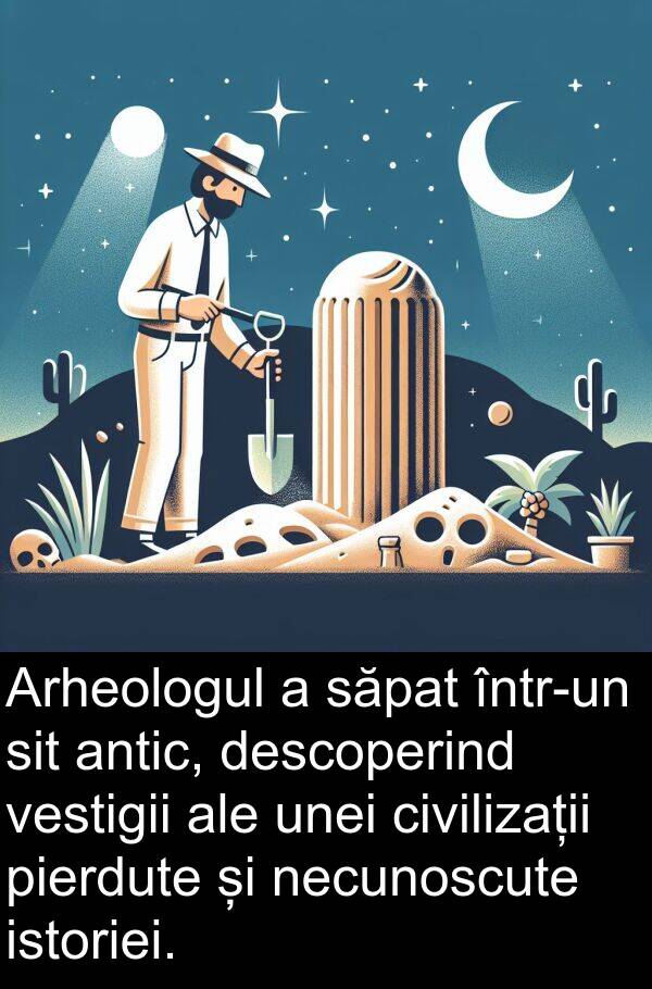 necunoscute: Arheologul a săpat într-un sit antic, descoperind vestigii ale unei civilizații pierdute și necunoscute istoriei.