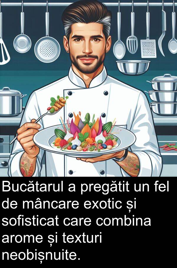 mâncare: Bucătarul a pregătit un fel de mâncare exotic și sofisticat care combina arome și texturi neobișnuite.