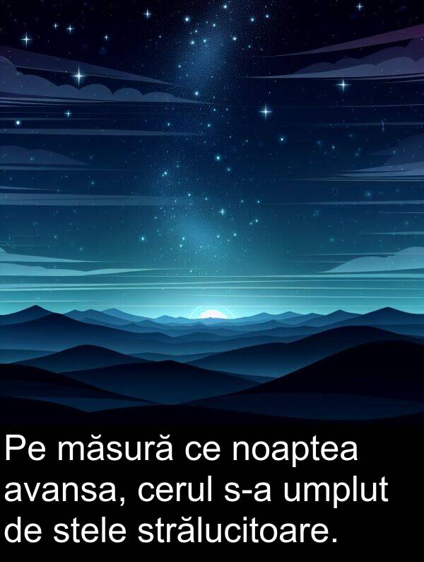 umplut: Pe măsură ce noaptea avansa, cerul s-a umplut de stele strălucitoare.