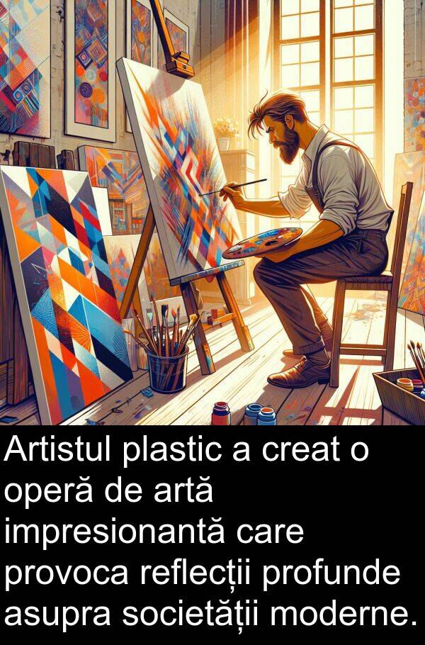 moderne: Artistul plastic a creat o operă de artă impresionantă care provoca reflecții profunde asupra societății moderne.