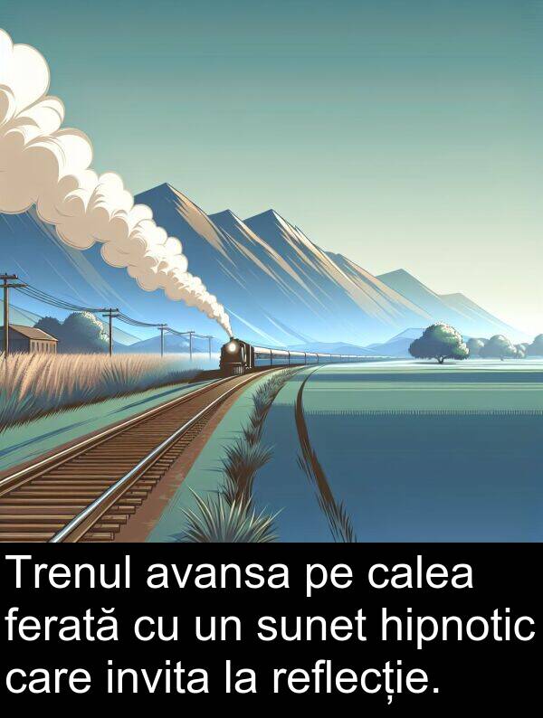 hipnotic: Trenul avansa pe calea ferată cu un sunet hipnotic care invita la reflecție.