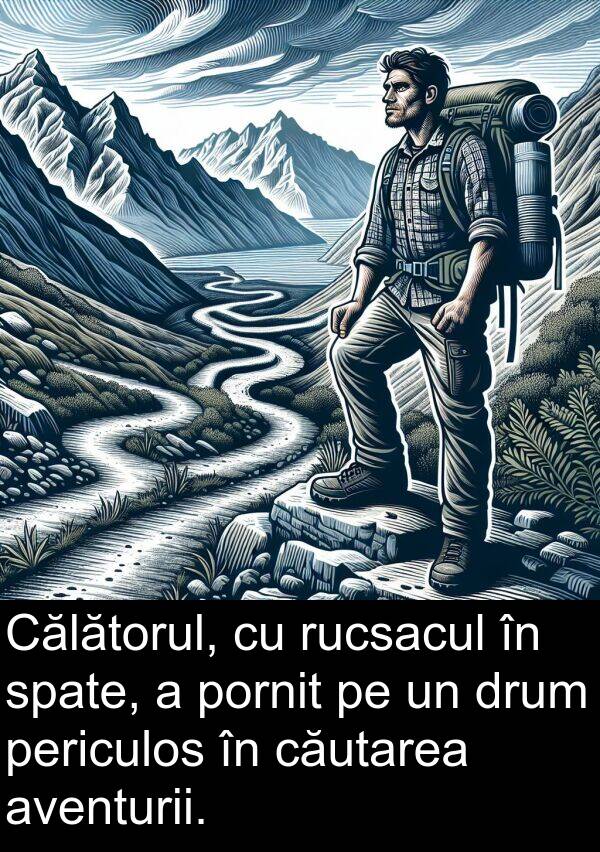 căutarea: Călătorul, cu rucsacul în spate, a pornit pe un drum periculos în căutarea aventurii.