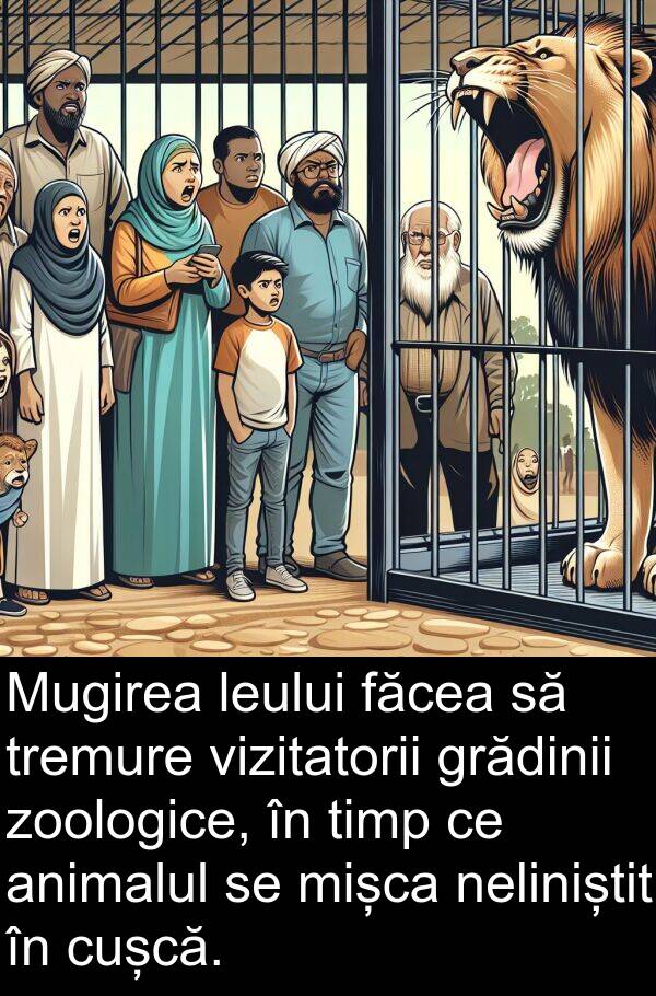 făcea: Mugirea leului făcea să tremure vizitatorii grădinii zoologice, în timp ce animalul se mișca neliniștit în cușcă.
