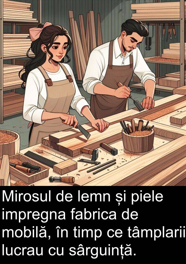 fabrica: Mirosul de lemn și piele impregna fabrica de mobilă, în timp ce tâmplarii lucrau cu sârguință.