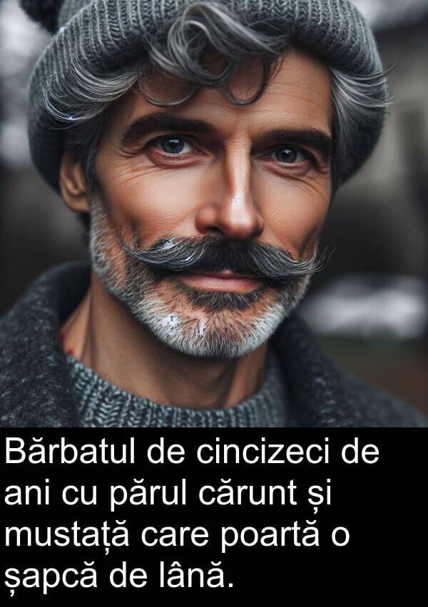 șapcă: Bărbatul de cincizeci de ani cu părul cărunt și mustață care poartă o șapcă de lână.