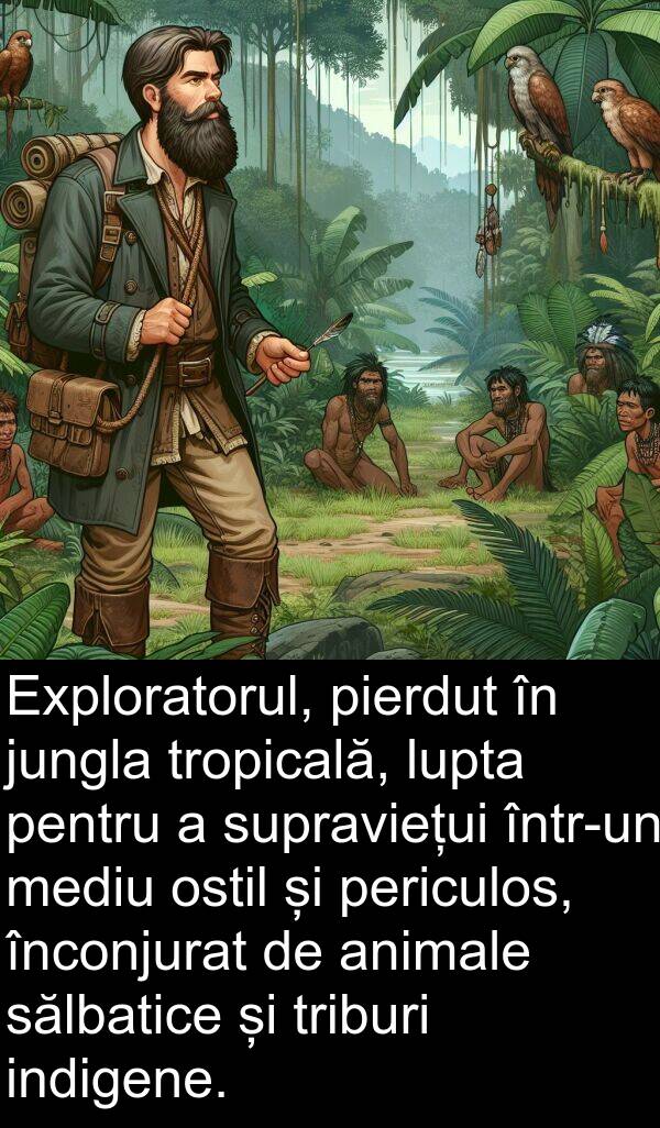 sălbatice: Exploratorul, pierdut în jungla tropicală, lupta pentru a supraviețui într-un mediu ostil și periculos, înconjurat de animale sălbatice și triburi indigene.